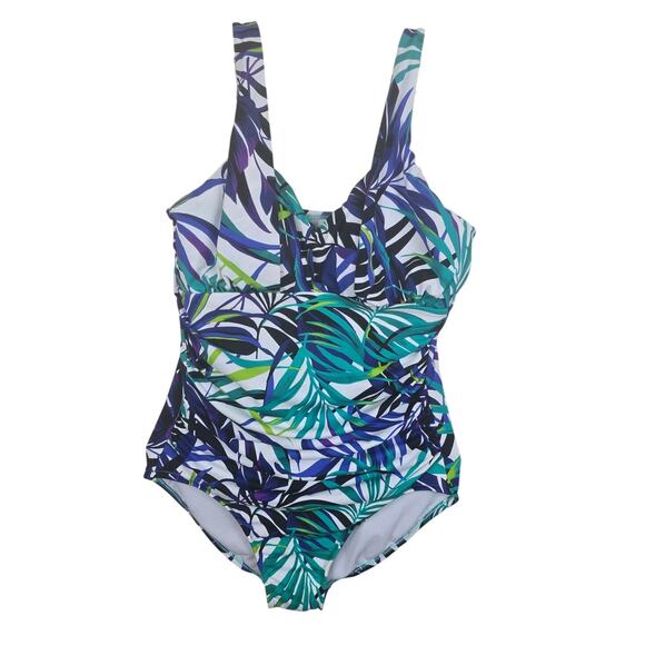 Trimshaper Tropical Leaf Print No Underwire One Piece Swimsuit Women's 14 - Picture 1 of 5